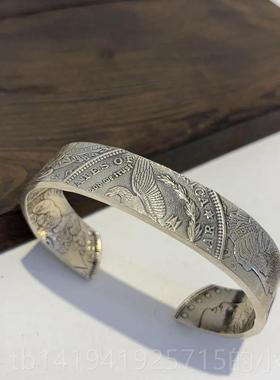 正品不同银匠 原创25纯银摩根银币女宽版开手镯9复古字母男手工手