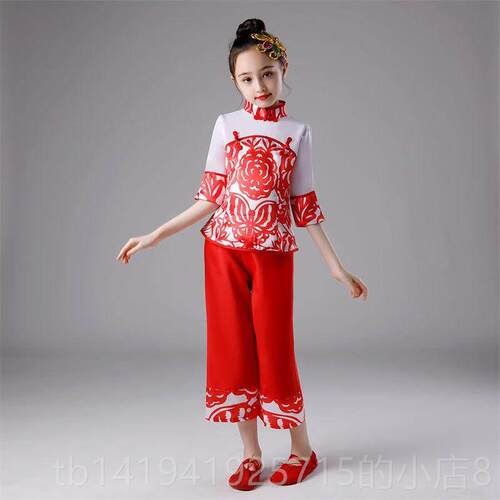 正品新款儿童服女童民舞喜庆手绢舞开门秧红幼儿扇子舞表演演歌出