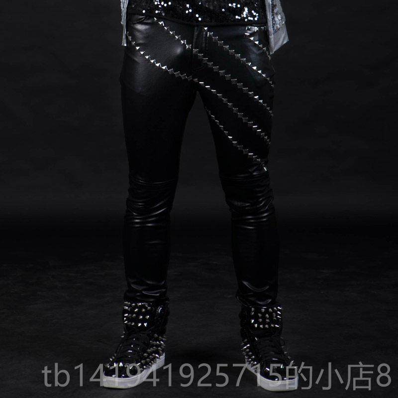 正品紧身夜店酒男手演出歌服铆钉身皮吧裤男士修古着皮裤哈雷机车