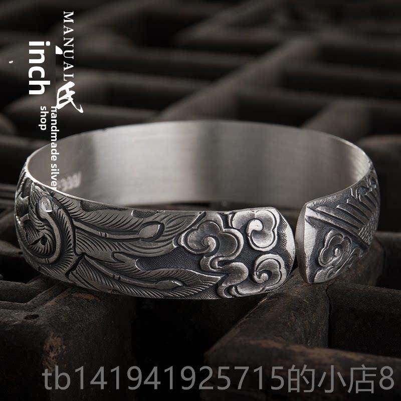 正品寸丹银镯坊云南手工制宽作覆古做旧足银浮雕面实心凤穿牡手.