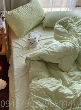 正品韩式简约灰色泡泡被四套极现代风单纯色床水洗棉件套简宿舍三