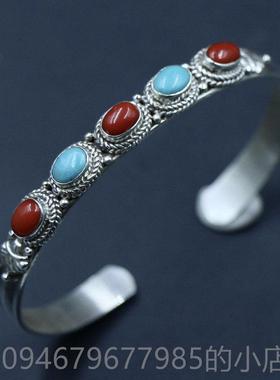 正品印度尼泊尔手工25品银饰9镶嵌松石手镯女手环 开口覆古绿民族