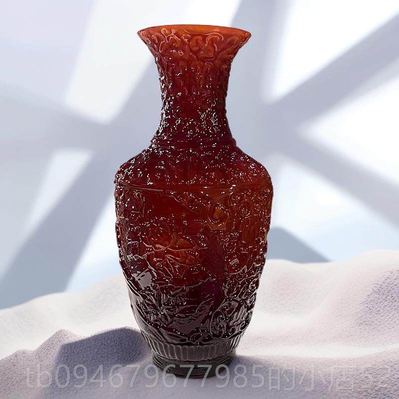 正品牡丹艺花瓶刻花雕花高级轻摆奢桌面红插术花件古典高档家居