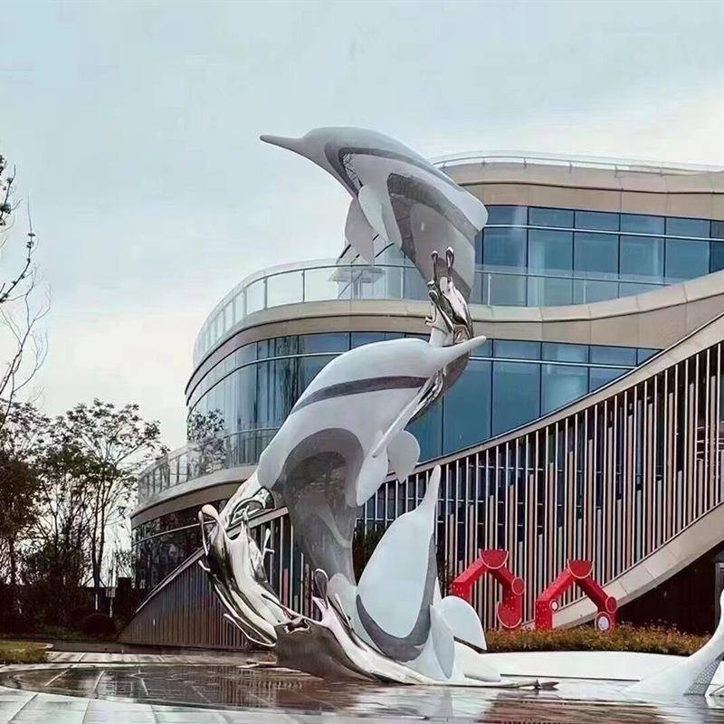 不锈钢海豚雕塑海洋馆镜面动物装饰客厅简约房地产纯手工落地摆件