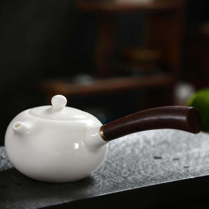 羊脂玉侧把壶盖碗家用纯白茶壶带木柄防烫泡茶壶陶瓷单瓷壶