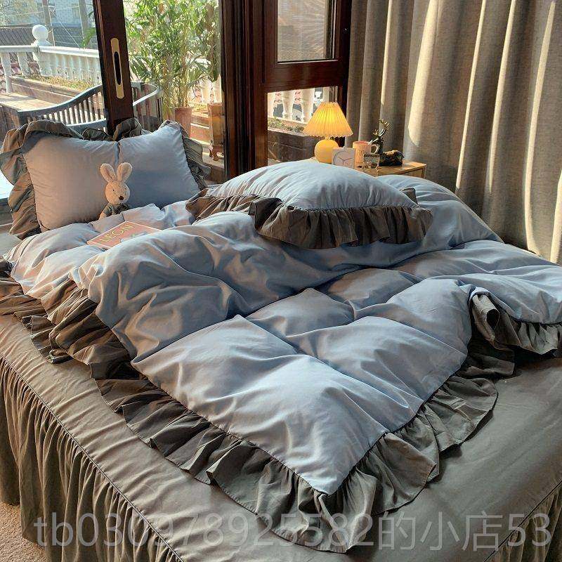 高档日式简纯生灰色n1.8四件套is荷叶花边被约套床单床裙学宿舍三