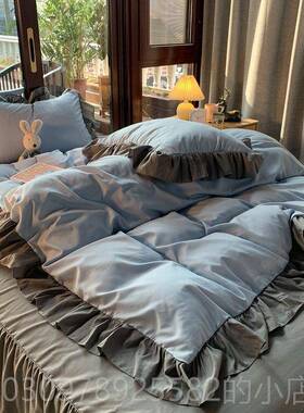 高档日式简纯生灰色n1.8四件套is荷叶花边被约套床单床裙学宿舍三