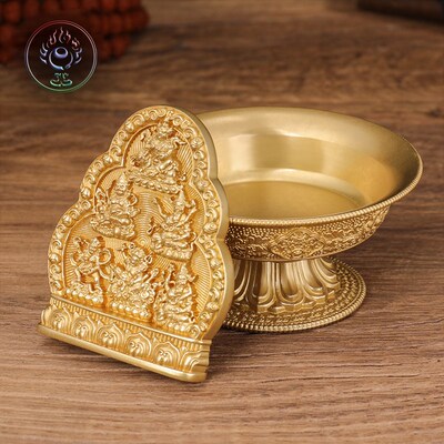 亿耳文化 黄铜水供六财S像F堂供品摆件+立体雕刻图纹底盘