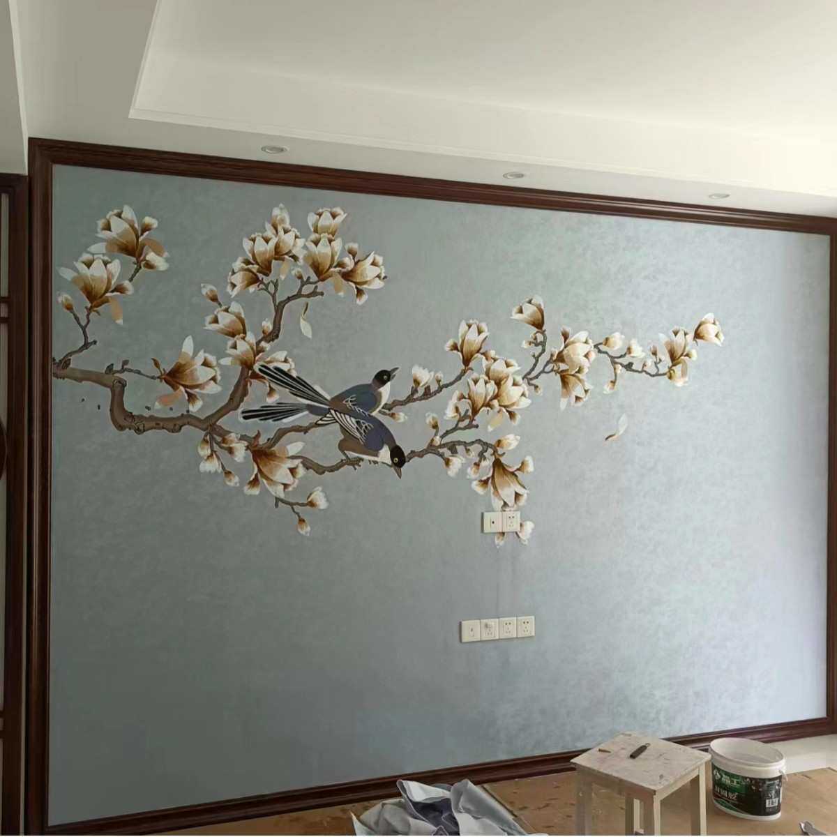 独绣刺绣花鸟墙布背景客厅沙发卧室无缝壁布玉兰新中式壁画新款