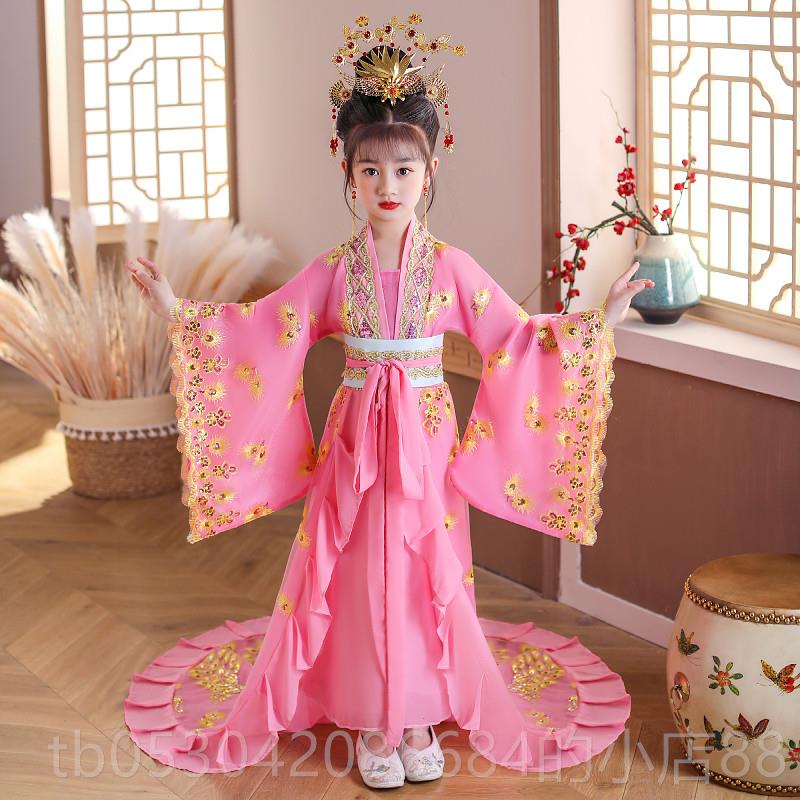 正品宫儿童女童贵妃拖尾装汉古唐装演出服服汉唐皇后装廷风公主裙图片