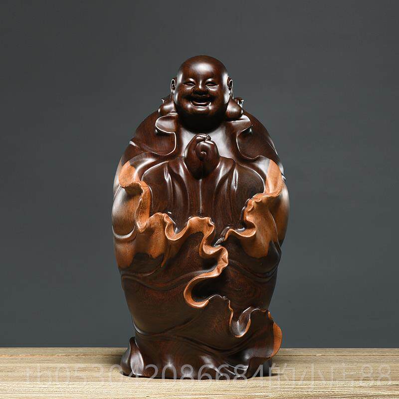 正品黑檀木雕笑佛像大肚弥勒佛件客号实木质厅玄关供奉雕摆刻工大