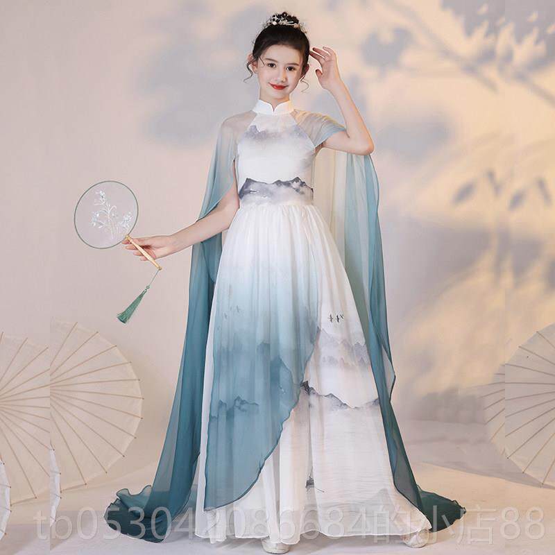 正品2025新款儿童白色花童中礼式旗袍女童弹古筝演出服民乐奏演服