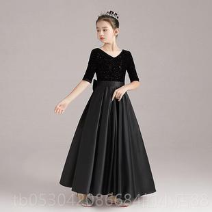 正品女礼黑色V领钢琴服演出童服公主裙儿童管弦团乐中袖缎面舞台