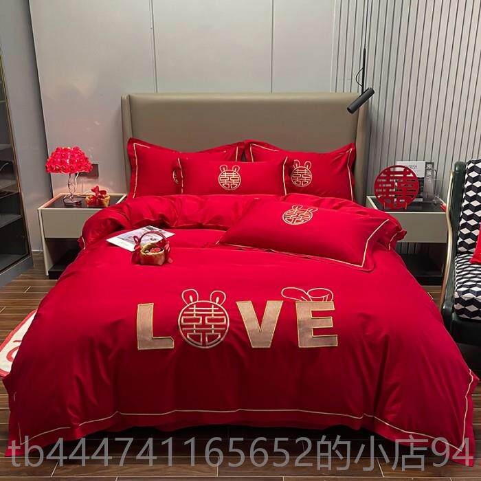 高档百图婚庆被套子全纯棉绿色新婚双人床品喜绣花棉斜纹被四件套