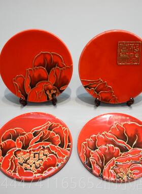 高档三工彩艺原创《鎏金自牡丹手陶瓷隔热杯垫餐桌洛阳特色用送》