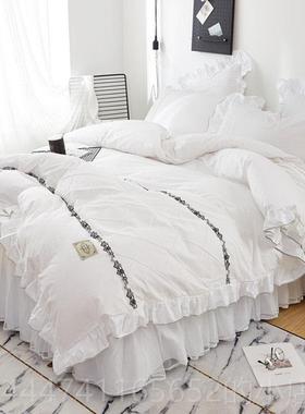 高档网红款四件花套全棉纯棉水洗绿色风床裙款sin风公主边被套荷