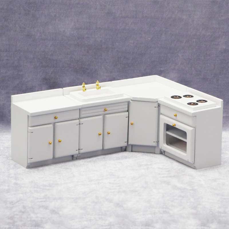 1:12娃娃屋dollhouse迷你家具微场景白色厨房橱柜家具四件套
