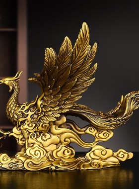 纯黄铜凤凰摆件瑞兽展翅火凤凰呈祥家居客厅办公室工艺装饰品