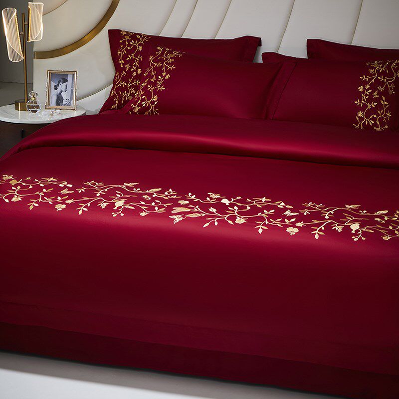 高端轻奢风婚庆四件套100S长绒棉纯棉被套酒红色送礼结婚床上用品
