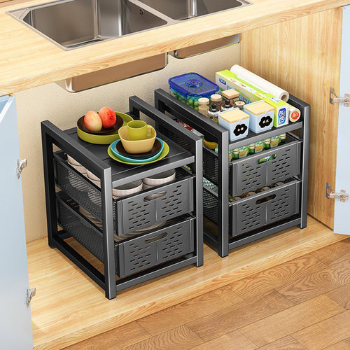 厨房柜内收纳置物架台面落地分层抽屉果蔬篮子储物架下水槽抽拉柜