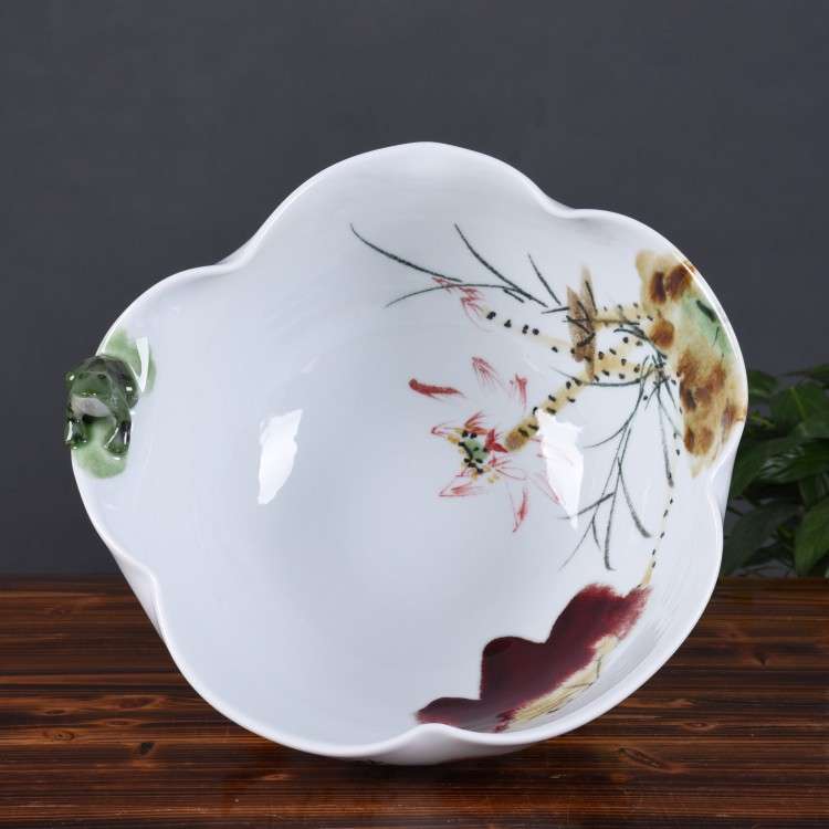 景德镇陶瓷鱼缸手绘窑变荷花陶瓷养鱼碗莲缸 创意桌面装饰品摆件
