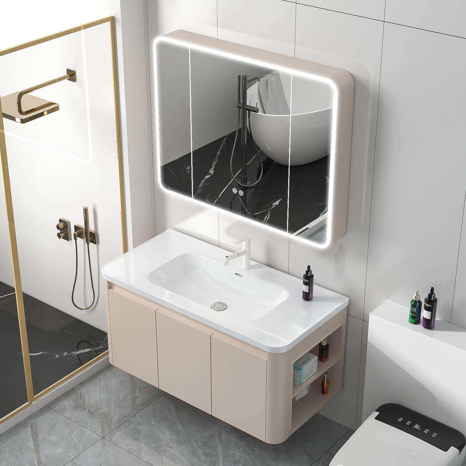 蜂窝板太空铝圆角侧边柜收纳卫生间浴室柜组合洗手台陶瓷一体脸盆