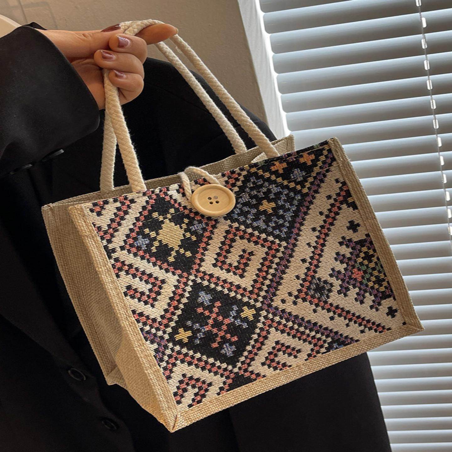 民族风帆布包包女夏季新款时尚外出手提亚麻饭盒便当包手拎妈咪包