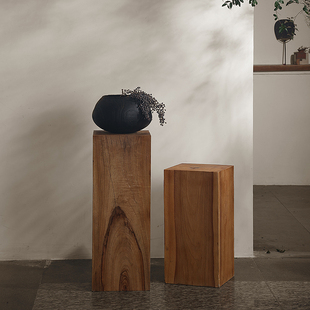 侘寂风底座雕塑造台装饰摆件方形香樟木日式民宿碳化木墩家用实木