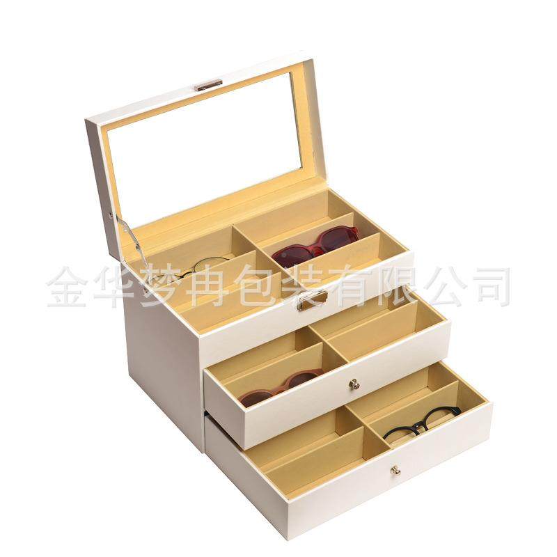 新款三层白纳色24位眼收盒木质多格墨镜示镜盒展太阳镜VKJ抽屉整