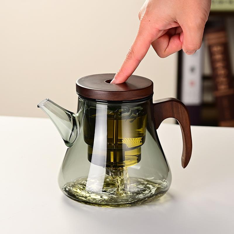 把耐高温璃玻花茶壶木新型一键壶式按压过滤泡茶高硼a-554硅玻璃