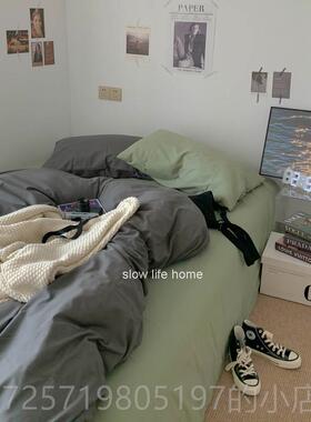 高档intage复古~ns风棉水洗撞色文v艺i混搭床品四件套宿舍三件套
