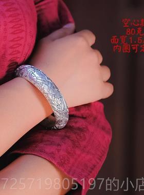高档女红银覆古银手镯9浮9纯银手工雕实心民族风盛放牡丹开银镯口