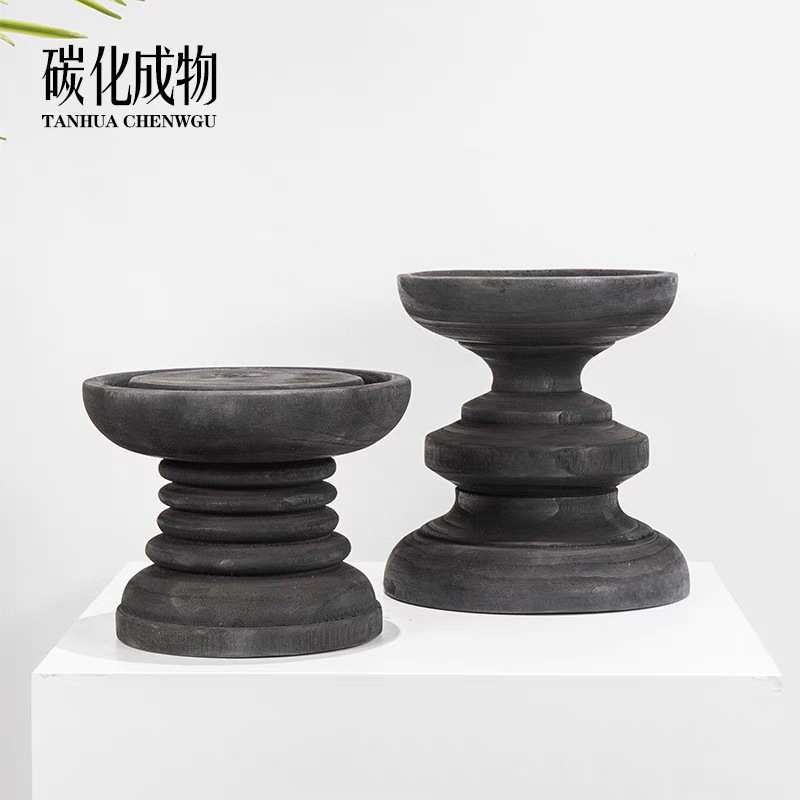 新中式侘寂风碳化木烛台日式禅意简约酒店样板间客厅玄关桌面摆件
