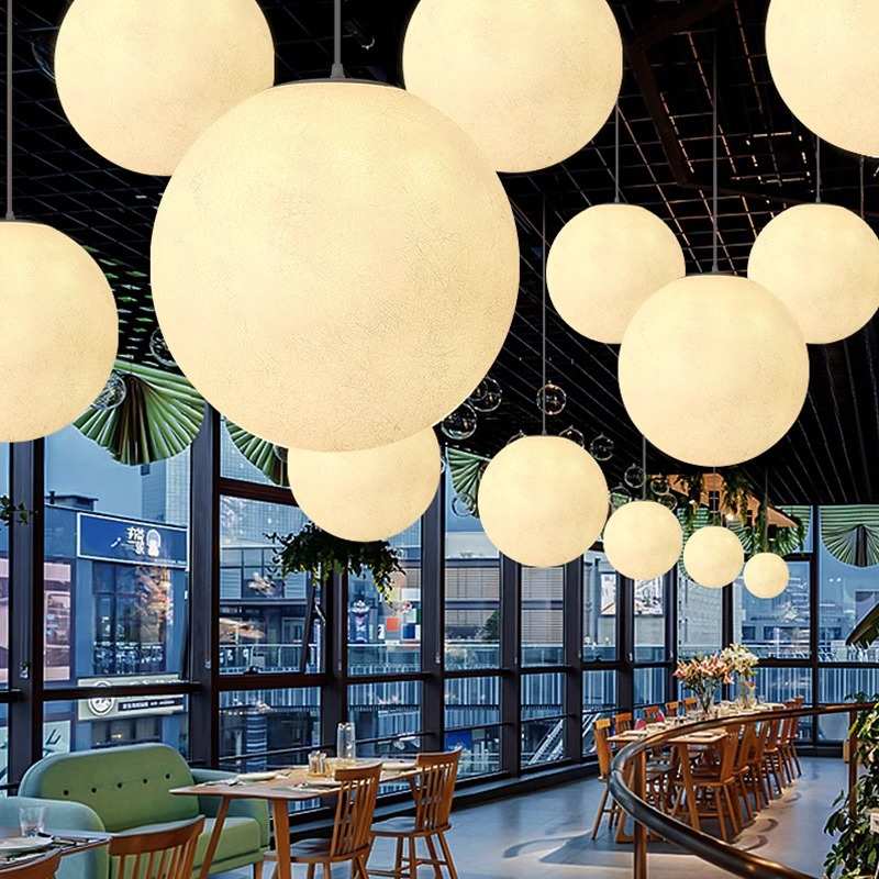 3D月亮灯星球大号北欧圆球餐厅灯 店铺商用创意吧台球形月球吊灯