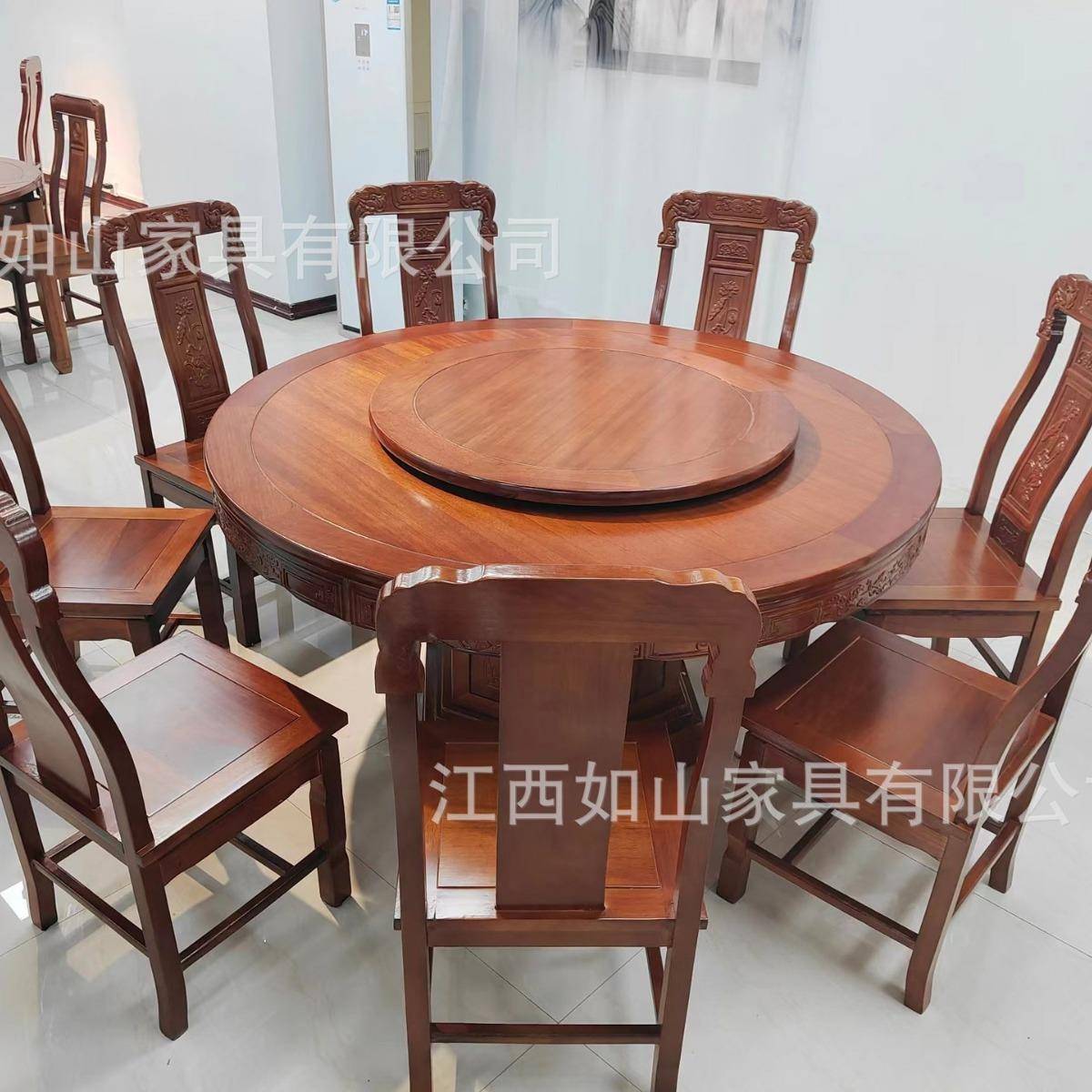 组梨木餐桌椅合古典雕花餐厅中式带转盘形16人大PQC圆圆桌酒店家
