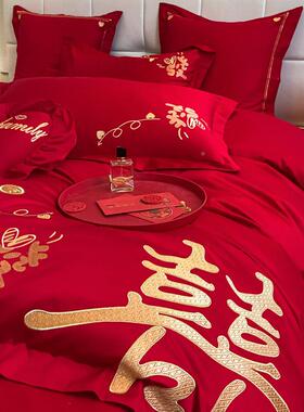 Z中Q式刺绣全棉婚庆四套大红床单被套纯棉陪嫁件上结婚F77J87TM床