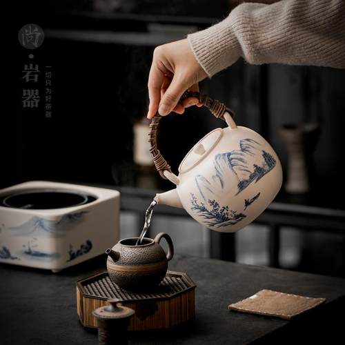 复古白色梁壶粗陶茶壶陶瓷带过茶滤单壶电炉陶炉炭全套围ch202310