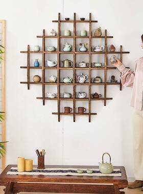 木中式博古架实挂墙Y6TS多宝格壁挂茶架置物架式墙上新客厅隔断展