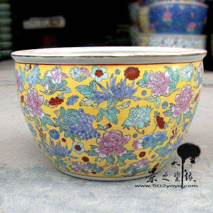 正品景缸德器镇陶瓷鱼缸手绘金粉彩鱼缸乌龟风水睡莲瓷中国风荷花