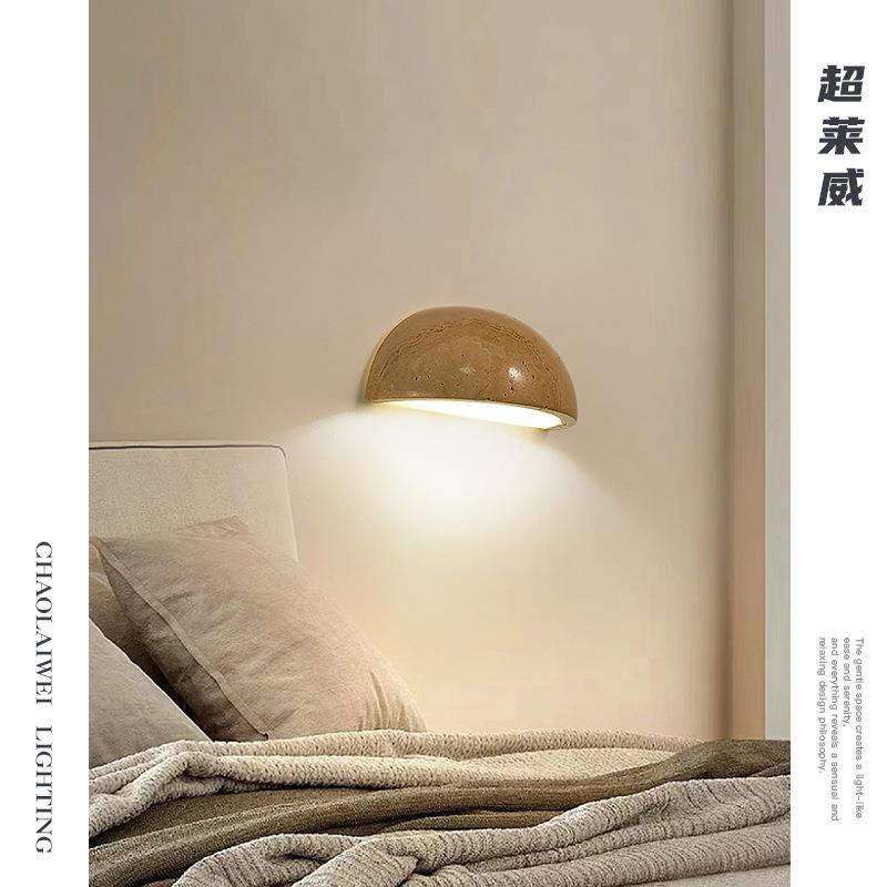 艺术壁灯复古黄洞石日式侘寂风卧室床头创意奶油风半圆北欧贴墙灯