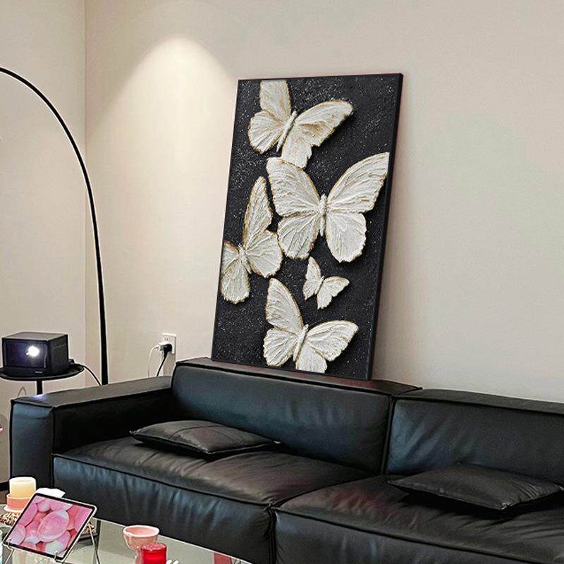 现代简约沙发背景墙装饰画蝴蝶肌理感客厅壁画黑白高级感玄关挂画