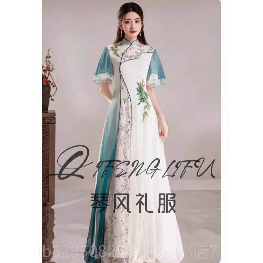 正品新成型人古筝表演服中演式旗袍水墨长裙表女式雅民乐表高演服