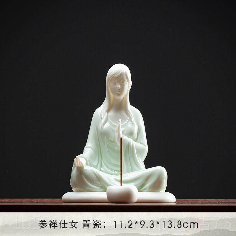 高档创意女台青仕茶宠茶桌茶摆件禅意线瓷香插炉客厅茶室陶瓷人物