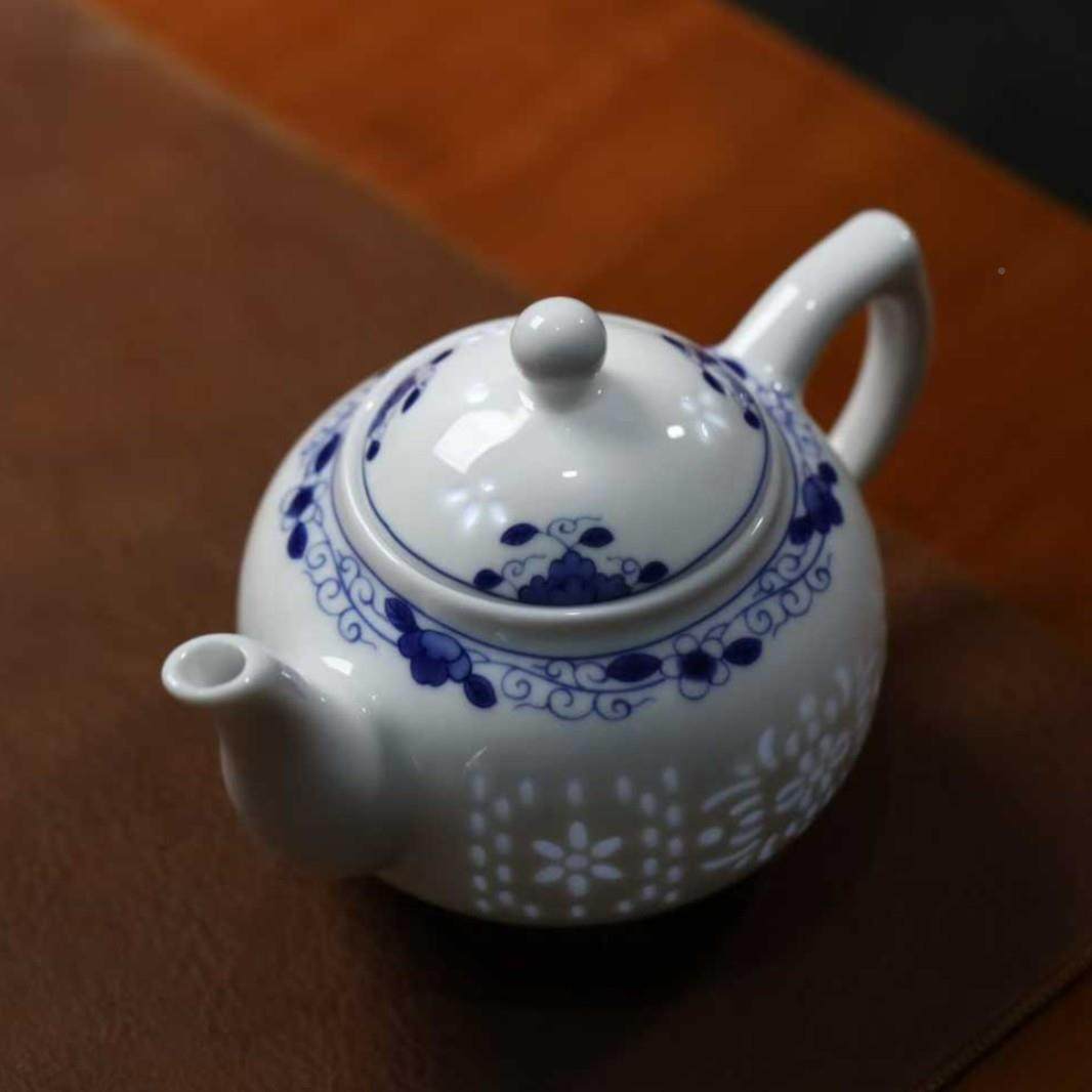 室专用泡茶青花玲珑品茗待客之道壶传统青花缠枝木莲玲珑瓷茶具茶