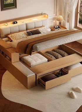 口木全实木床1米8高箱橡物床20进25年新款现代简约主储卧双PZQ人