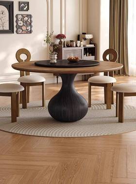 带转盘古6风B665#水黑中色全实木圆形餐桌人8家人用小户型