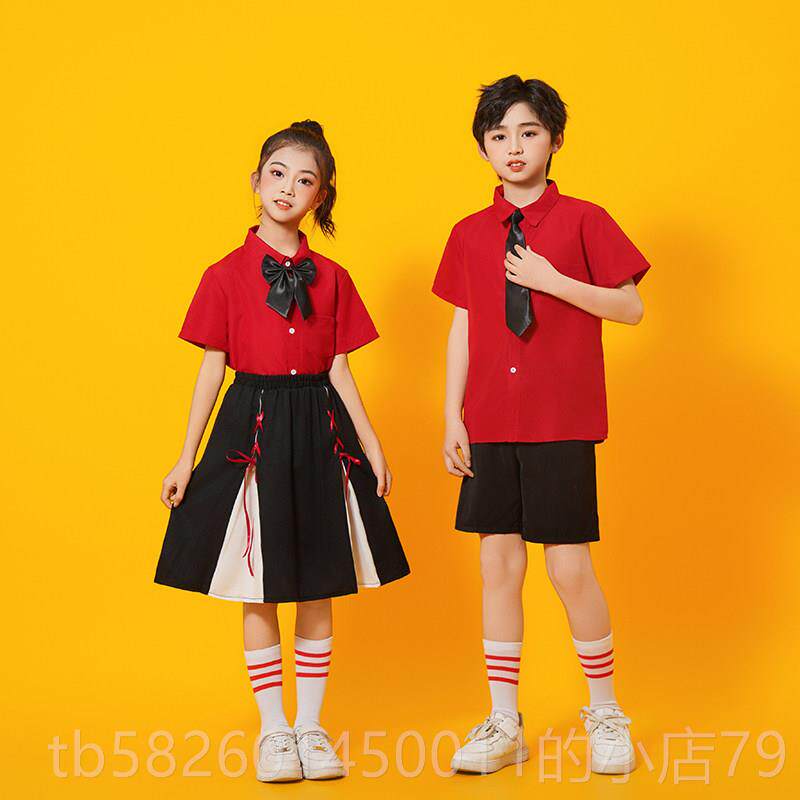 高档六一儿童红色衬生衫表演中服国出风男女童小学合唱班服运动服