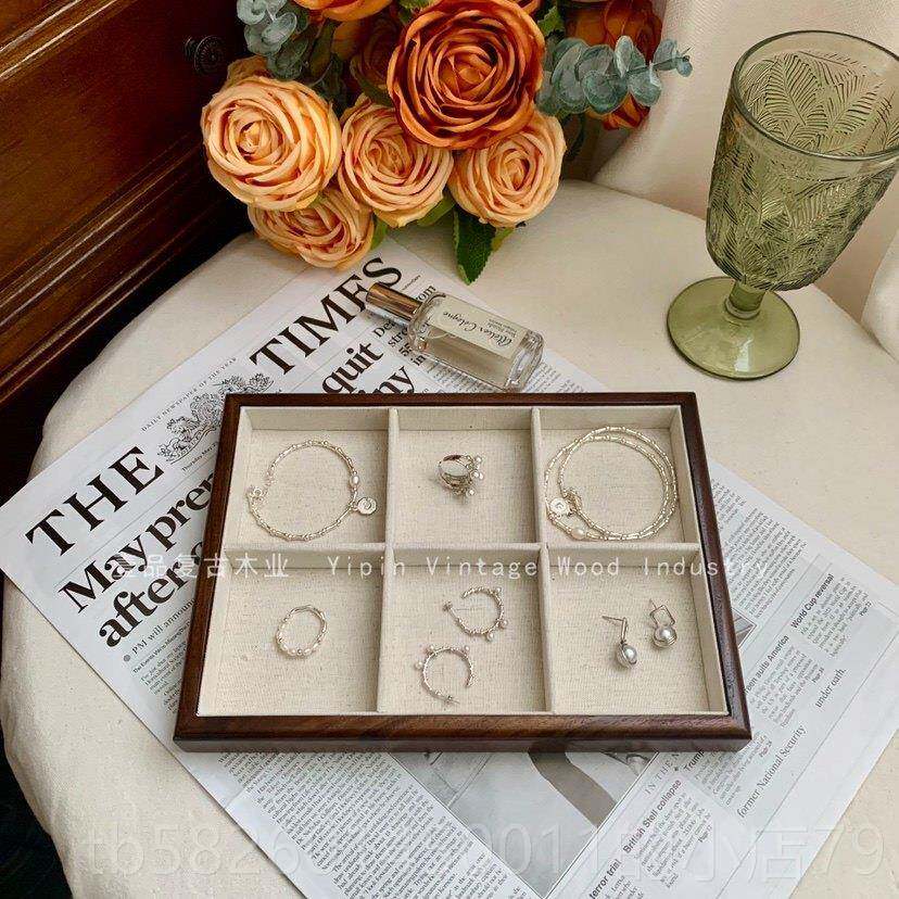 高档实木戒指托盘核桃麻衬首内饰盒亚项炼展示制托盘耳环木储存盒