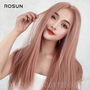 高档假发妇女的夏季长直发间部分有刘海烟熏粉玫中瑰金时尚温丝绸