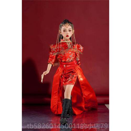 高档坎国潮女童肩旗袍拖尾中风模国特秀童装T走台时装霸气黑色礼